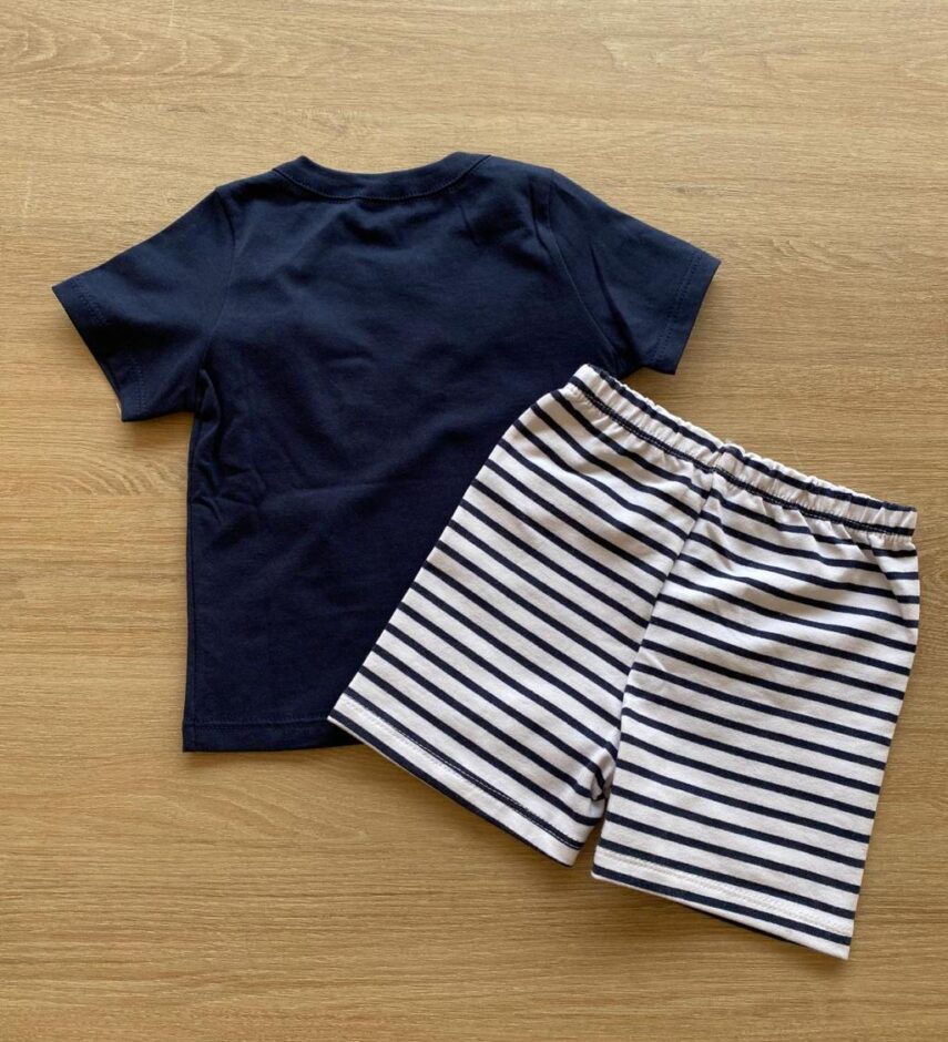 fernandaramoskids com br Conjunto Masculino Infantil Camiseta Azul e Bermuda Listrada3