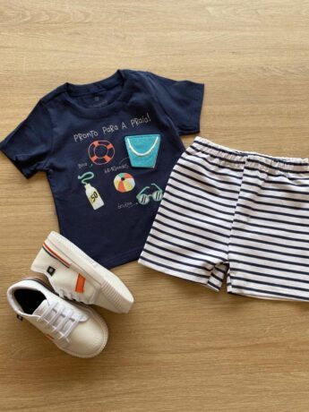 Conjunto Masculino Infantil Camiseta Azul e Bermuda Listrada Fernanda Ramos Kids