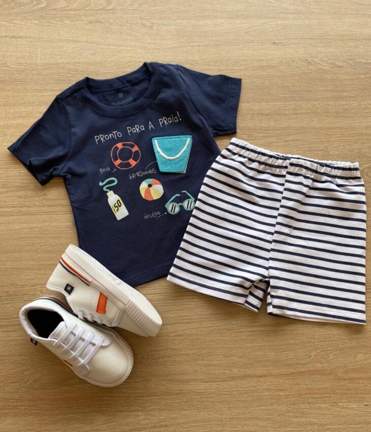 Conjunto Masculino Infantil Camiseta Azul e Bermuda Listrada Fernanda Ramos Kids