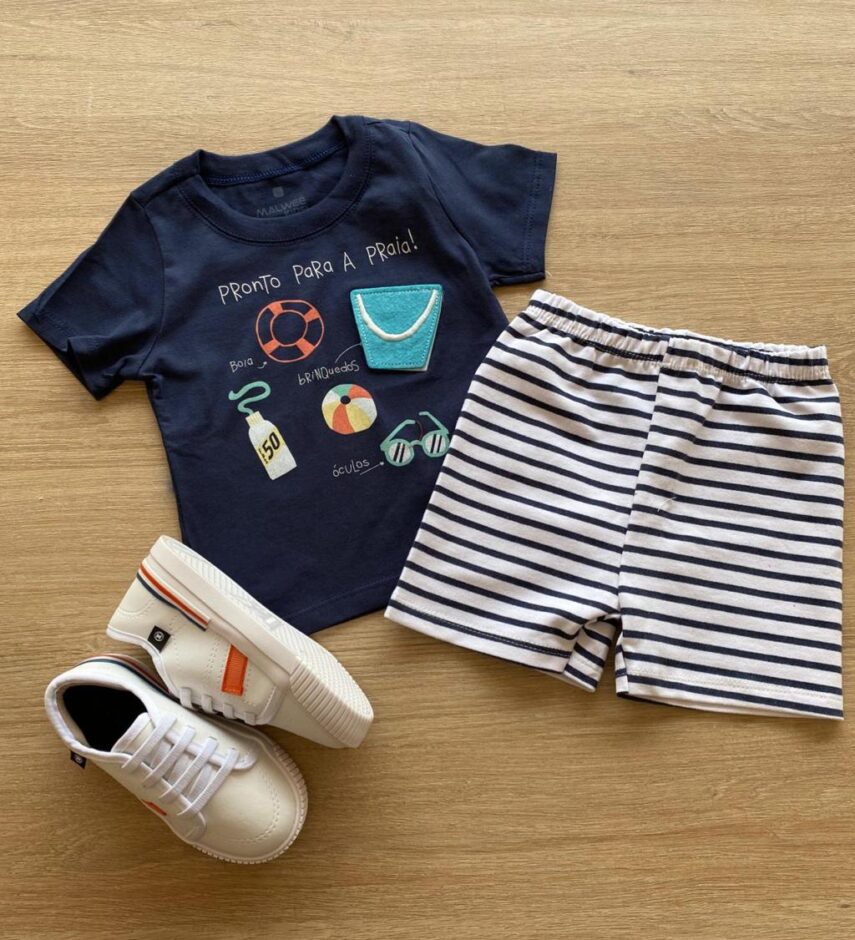 Conjunto Masculino Infantil Camiseta Azul e Bermuda Listrada Fernanda Ramos Kids