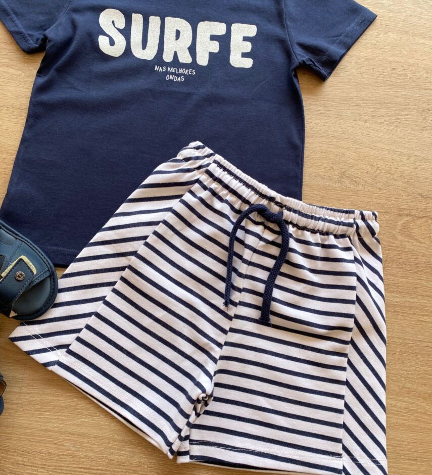 fernandaramoskids com br Conjunto Masculino Infantil Camiseta Azul Marinho e Short Listrado2