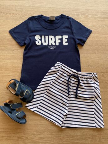 Conjunto Masculino Infantil Camiseta Azul Marinho e Short Listrado Fernanda Ramos Kids