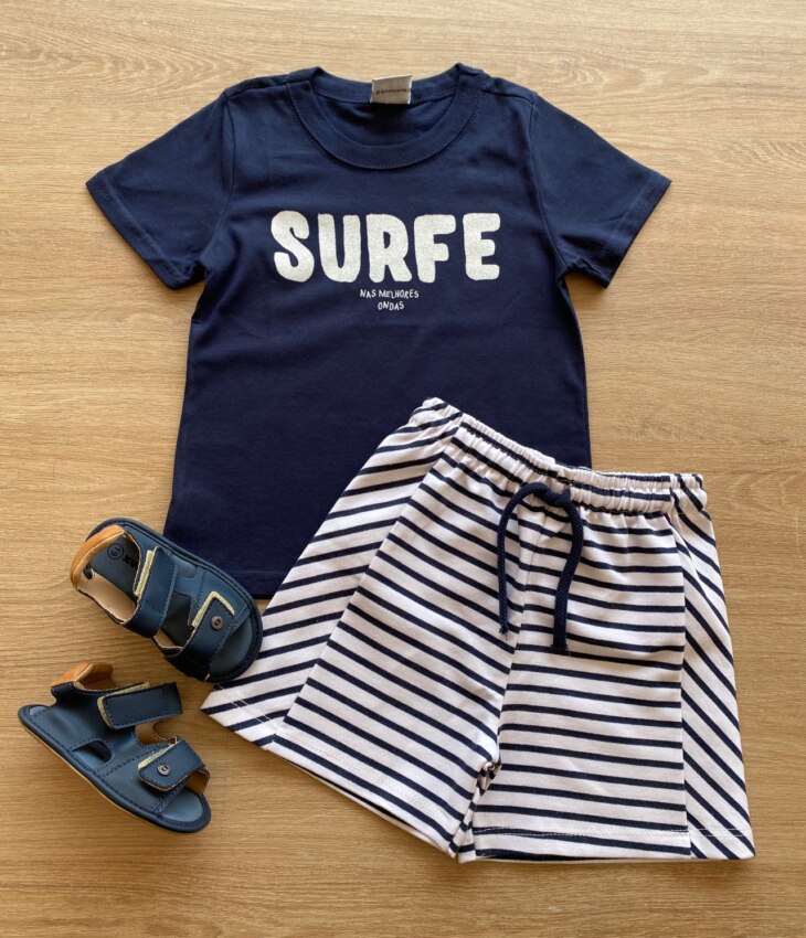 Conjunto Masculino Infantil Camiseta Azul Marinho e Short Listrado Fernanda Ramos Kids
