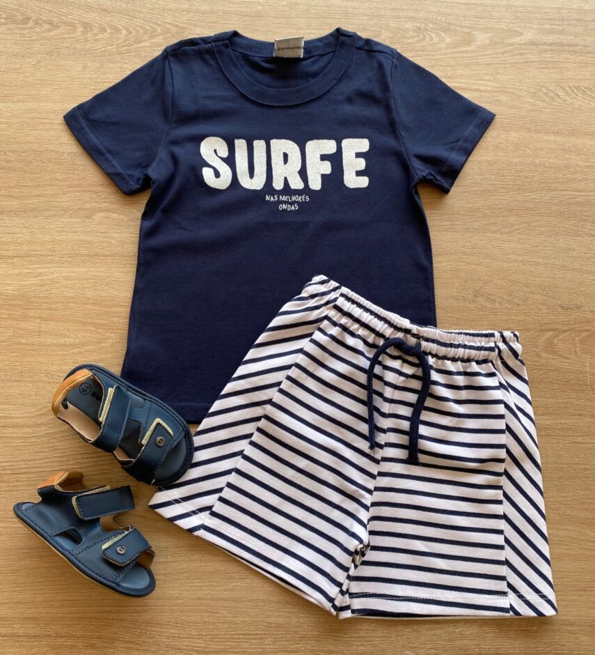 Conjunto Masculino Infantil Camiseta Azul Marinho e Short Listrado Fernanda Ramos Kids