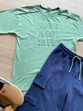 fernandaramoskids com br Conjunto Masculino Infantil Camiseta Verde e Bermuda Azul Marinho1