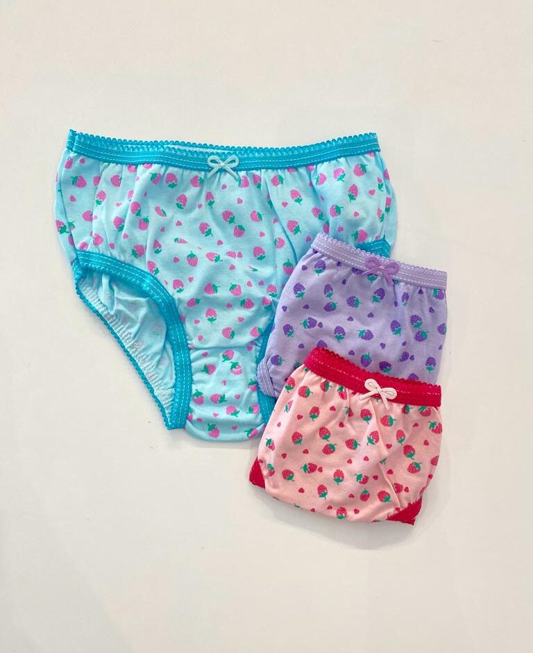 Kit Calcinha Infantil Feminina Estampada Lilás, Azul e Rosa Fernanda Ramos Kids