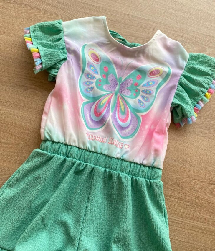 fernandaramoskids com br Macaquinho Infantil Feminino Manga Curta Verde Água Estampado1