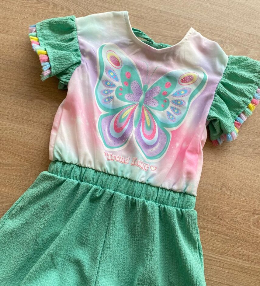 fernandaramoskids com br Macaquinho Infantil Feminino Manga Curta Verde Água Estampado1