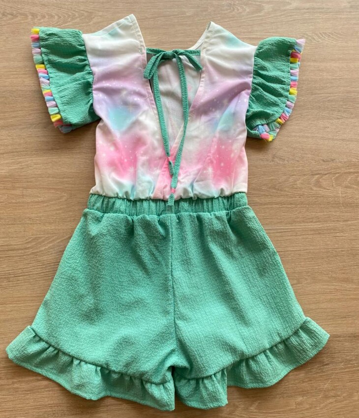 fernandaramoskids com br Macaquinho Infantil Feminino Manga Curta Verde Água Estampado2