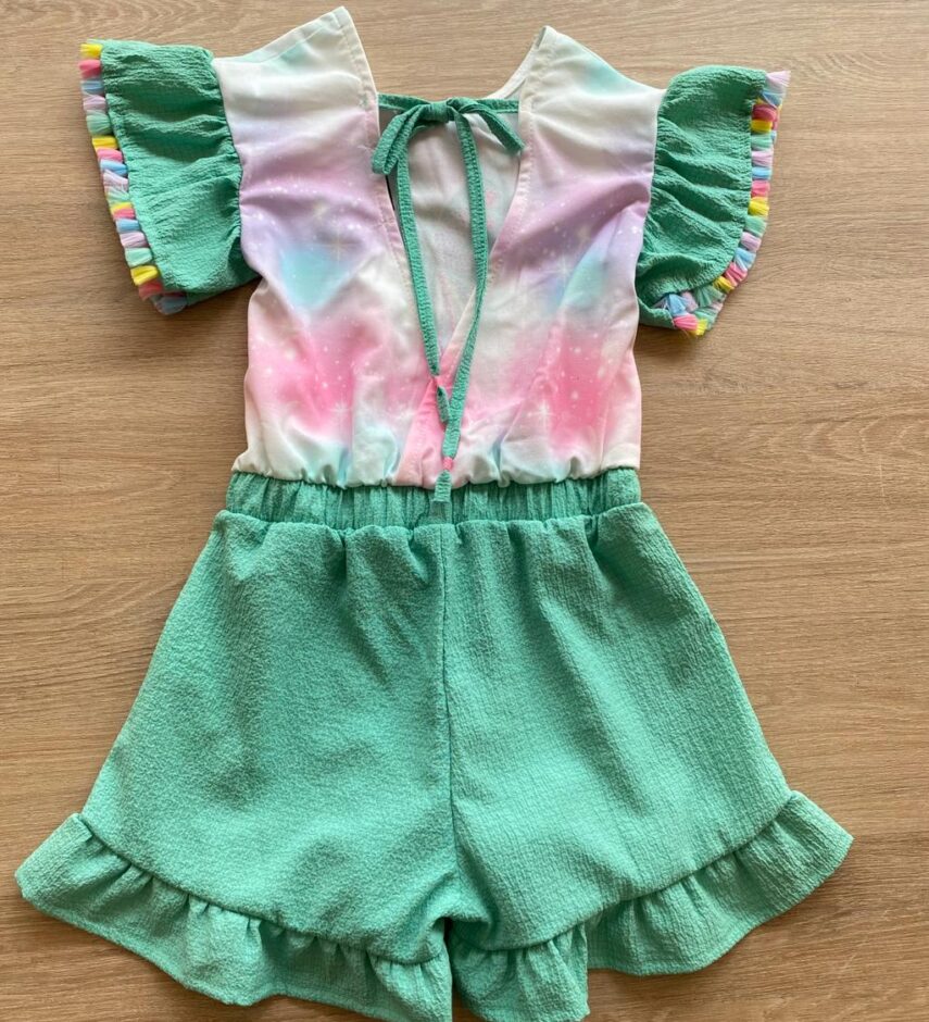 fernandaramoskids com br Macaquinho Infantil Feminino Manga Curta Verde Água Estampado2