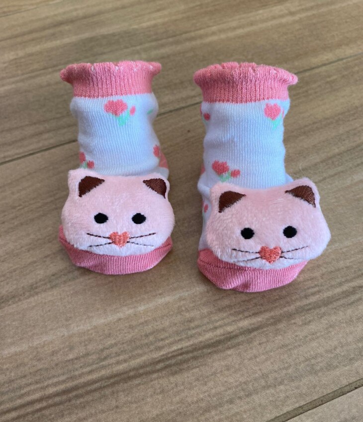 fernandaramoskids com br Meia Infantil Feminina Antiderrapante Branca com Gatinha Rosa1