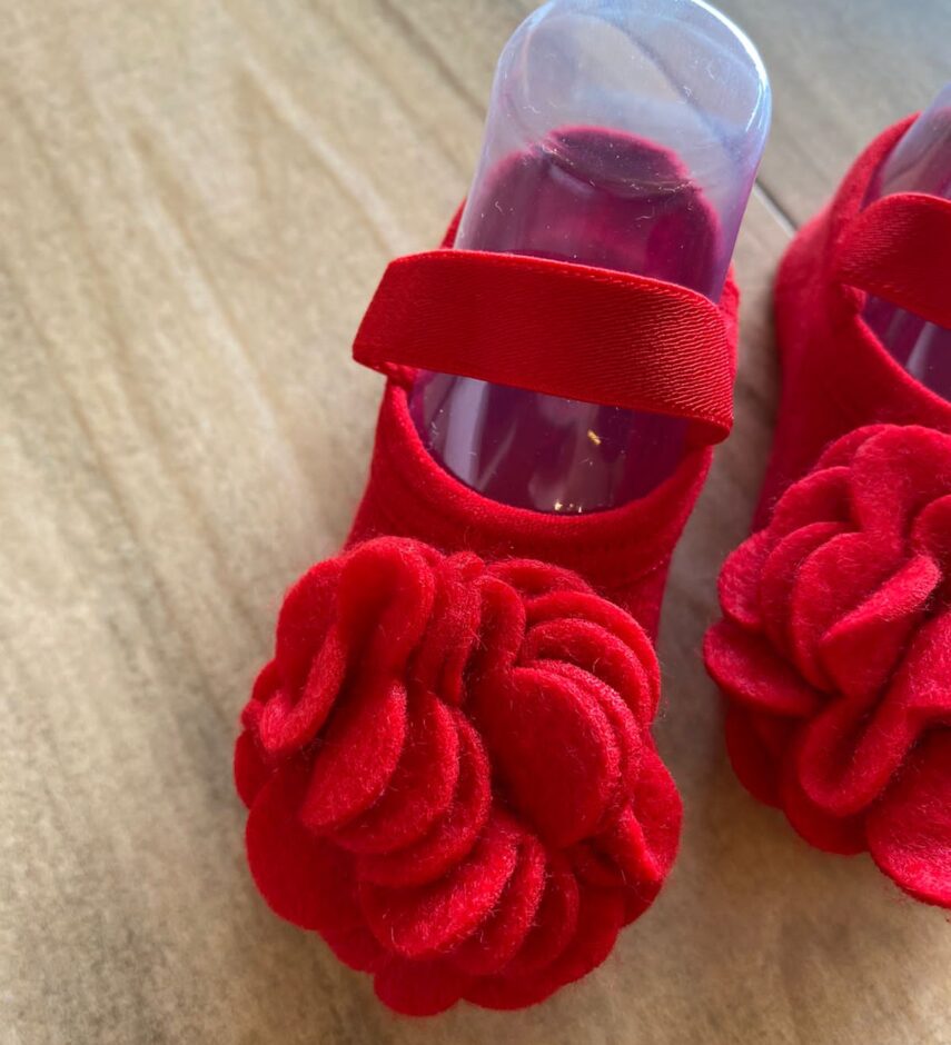 fernandaramoskids com br Meia Infantil Feminina Sapatilha Vermelha com Detalhe em Flor2
