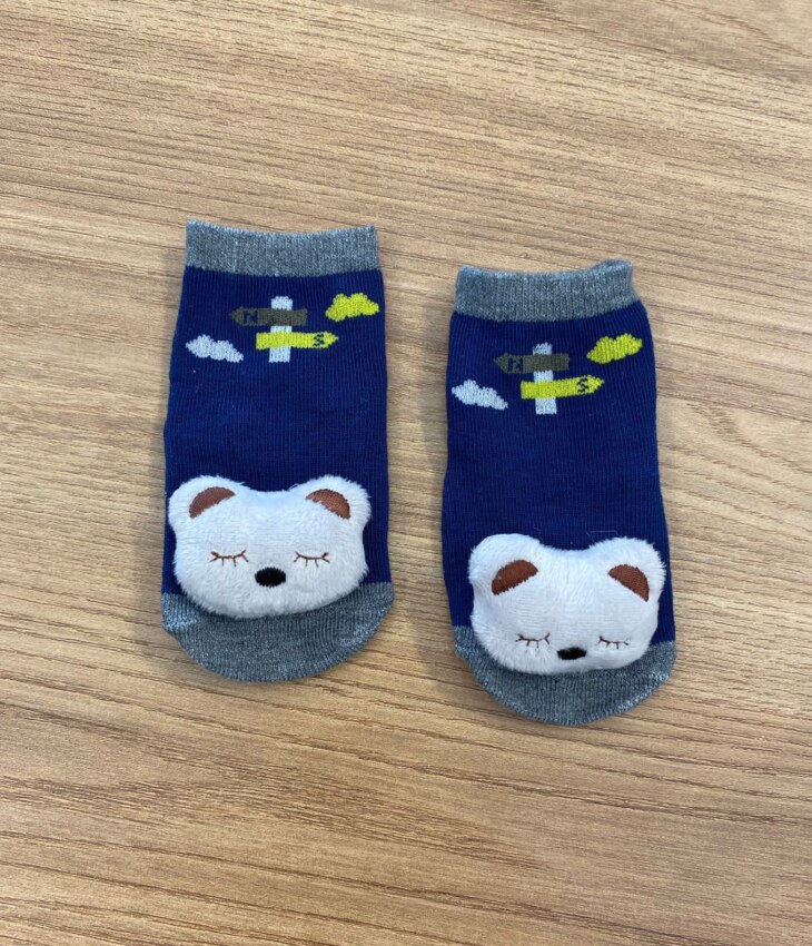 fernandaramoskids com br Meia Infantil Masculina Antiderrapante Azul Marinho com Bichinho4