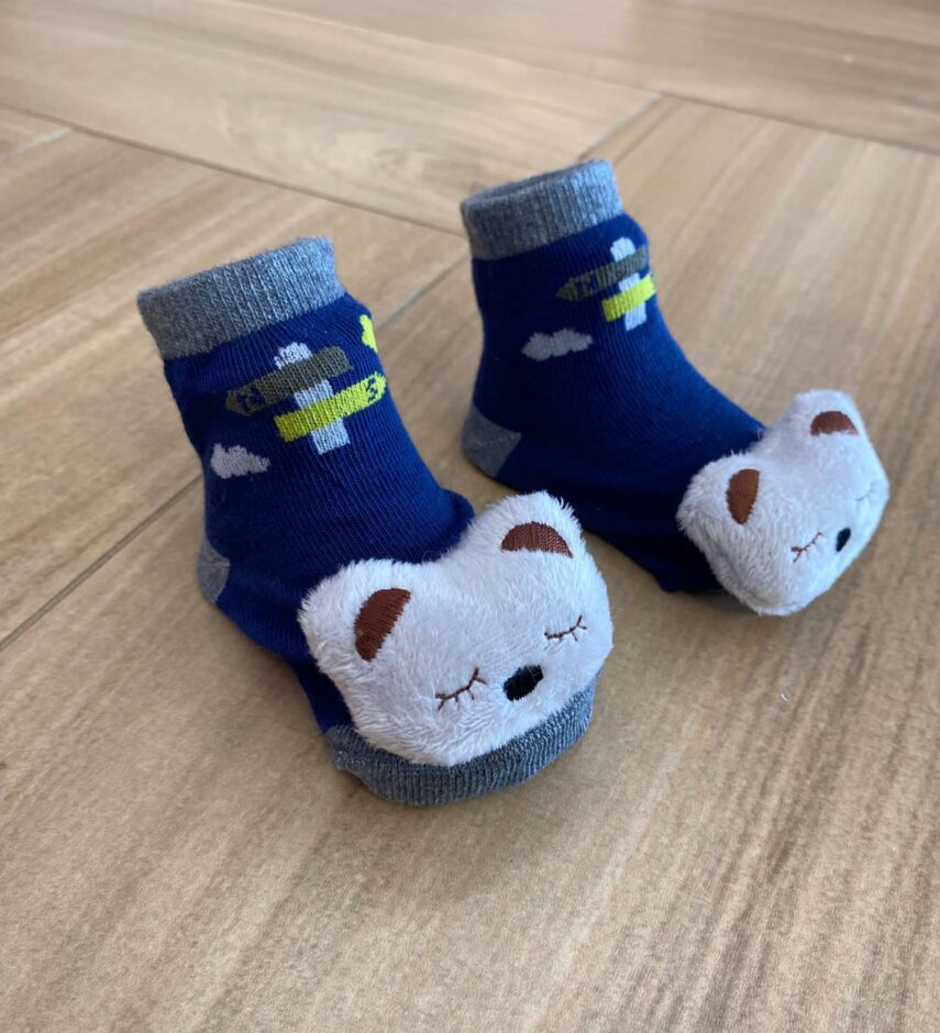 Meia Infantil Masculina Antiderrapante Azul Marinho com Bichinho Fernanda Ramos Kids