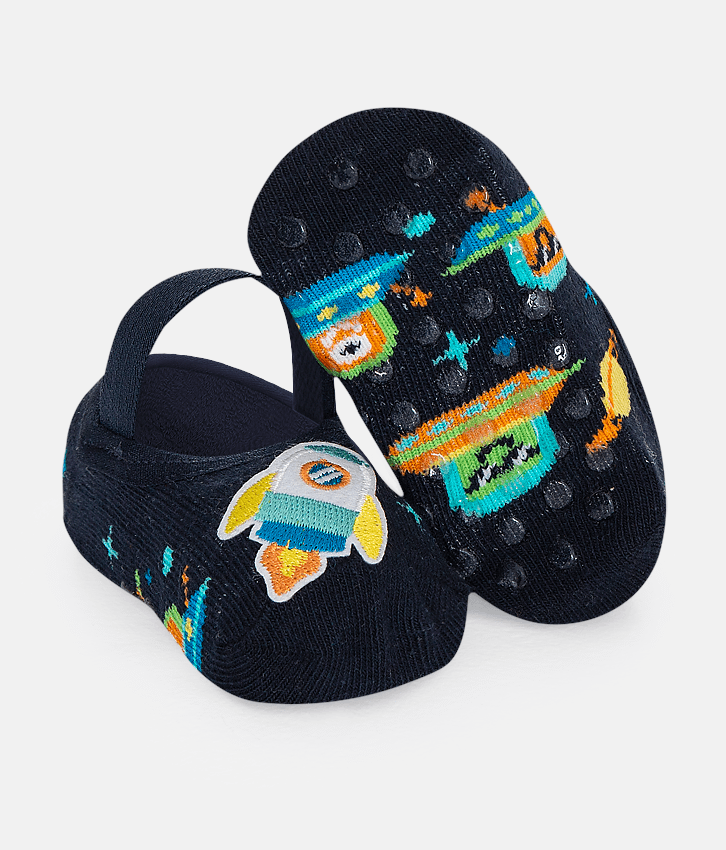 Meia Infantil Sapatilha Antiderrapante Foguete Azul Marinho Fernanda Ramos kids