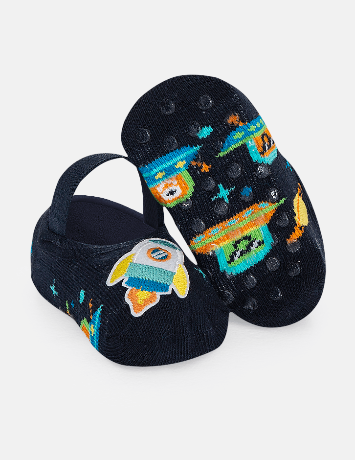 Meia Infantil Sapatilha Antiderrapante Foguete Azul Marinho Fernanda Ramos kids