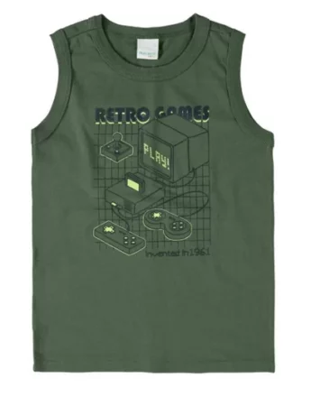 Regata Infantil Masculina Retro Games Verde Militar Fernanda Ramos Kids