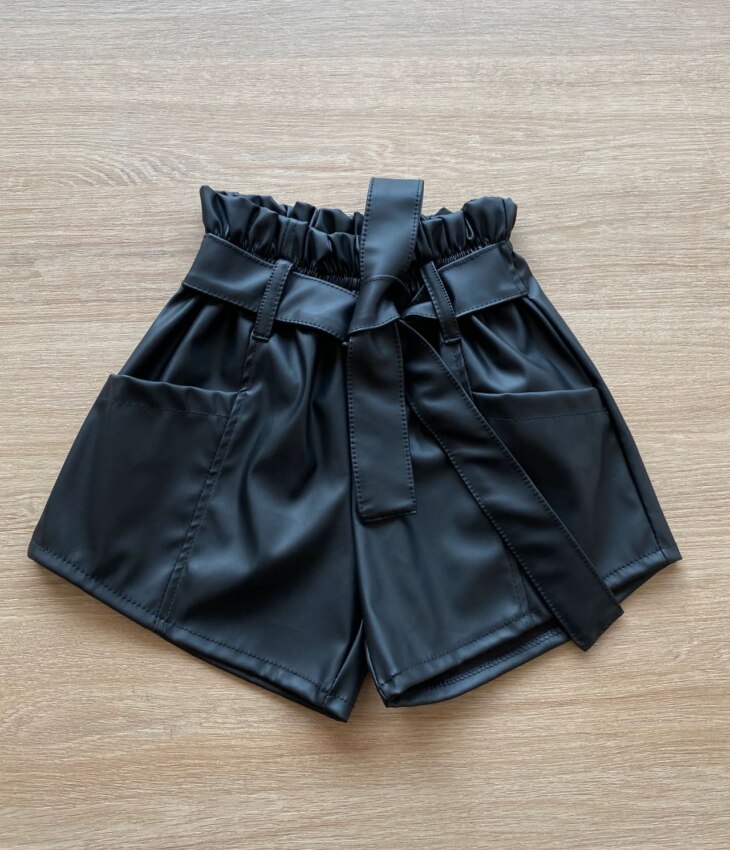 Short Infantil Feminino Couro Eco Preto com Amarração Fernanda Ramos Kids