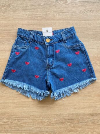 Short Infantil Feminino Jeans com Detalhe Bordado de Coração Pink Fernanda Ramos Kids