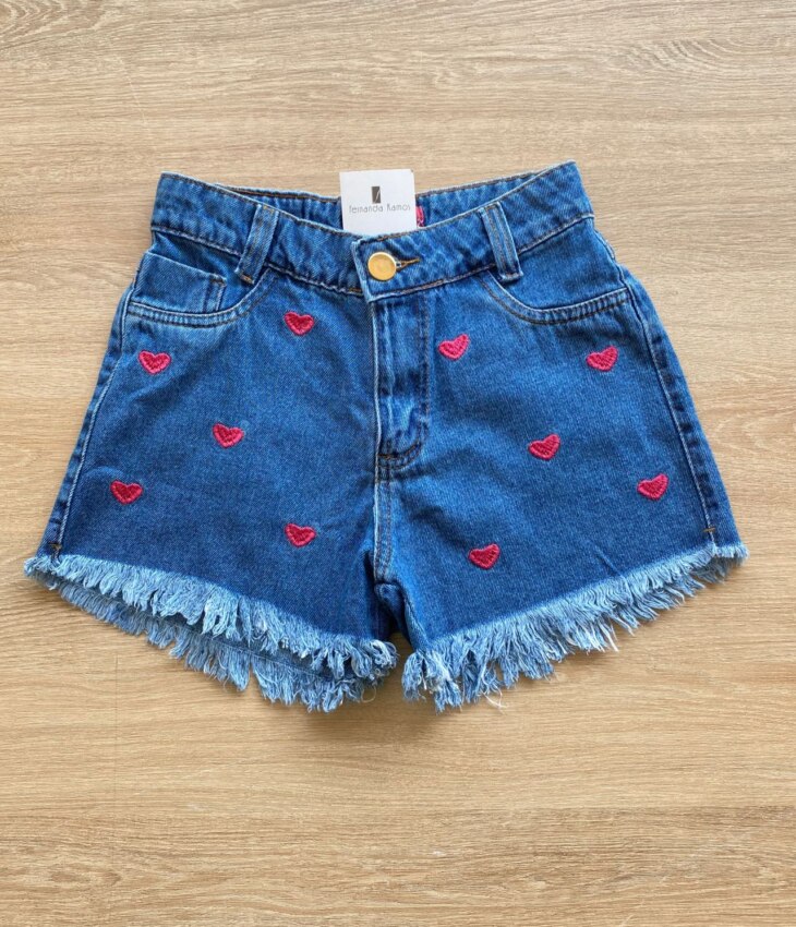 Short Infantil Feminino Jeans com Detalhe Bordado de Coração Pink Fernanda Ramos Kids