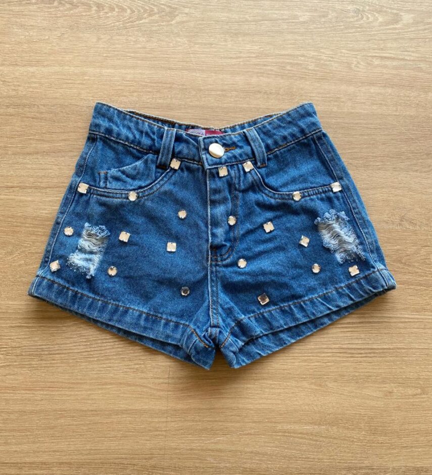 Short Infantil Feminino Jeans Destroyd com Pedrarias Fernanda Ramos Kids