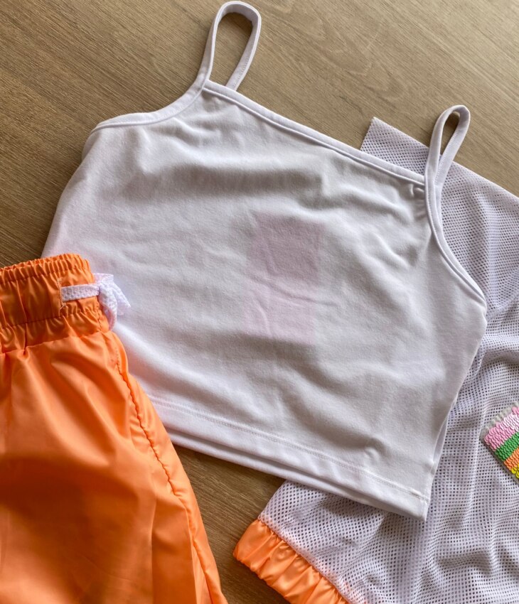 fernandaramoskids com br Trijunto Infantil Feminino Top Alça, Short Laranja e Sobreposição1