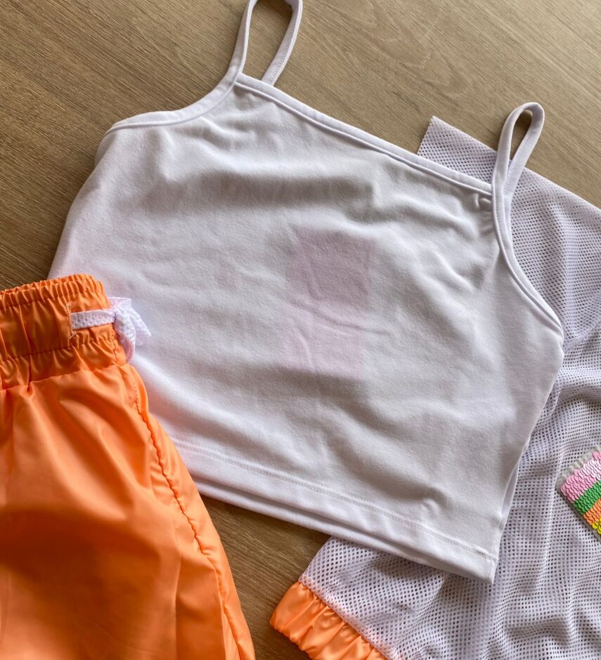 fernandaramoskids com br Trijunto Infantil Feminino Top Alça, Short Laranja e Sobreposição1