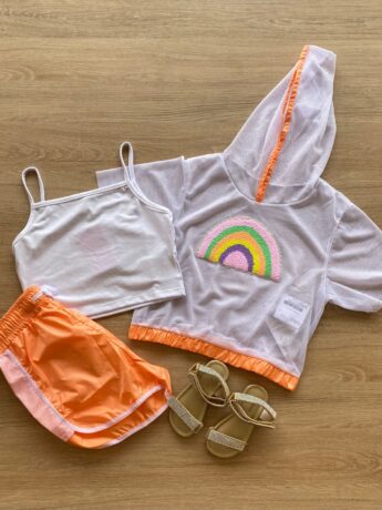 Trijunto Infantil Feminino Top Alça, Short Laranja e Sobreposição Fernanda Ramos Kids