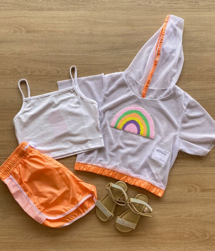 Trijunto Infantil Feminino Top Alça, Short Laranja e Sobreposição Fernanda Ramos Kids