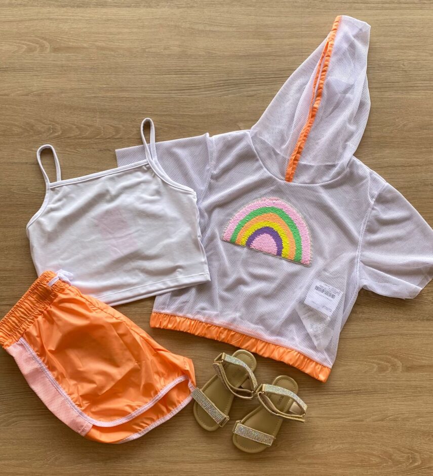 Trijunto Infantil Feminino Top Alça, Short Laranja e Sobreposição Fernanda Ramos Kids