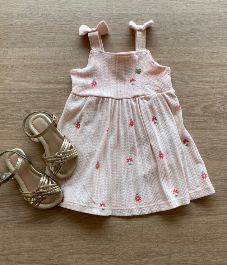 Vestido Infantil Feminino Alça com Laço Estampado Salmão Fernanda Ramos Kids