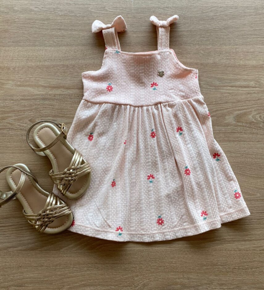 Vestido Infantil Feminino Alça com Laço Estampado Salmão Fernanda Ramos Kids