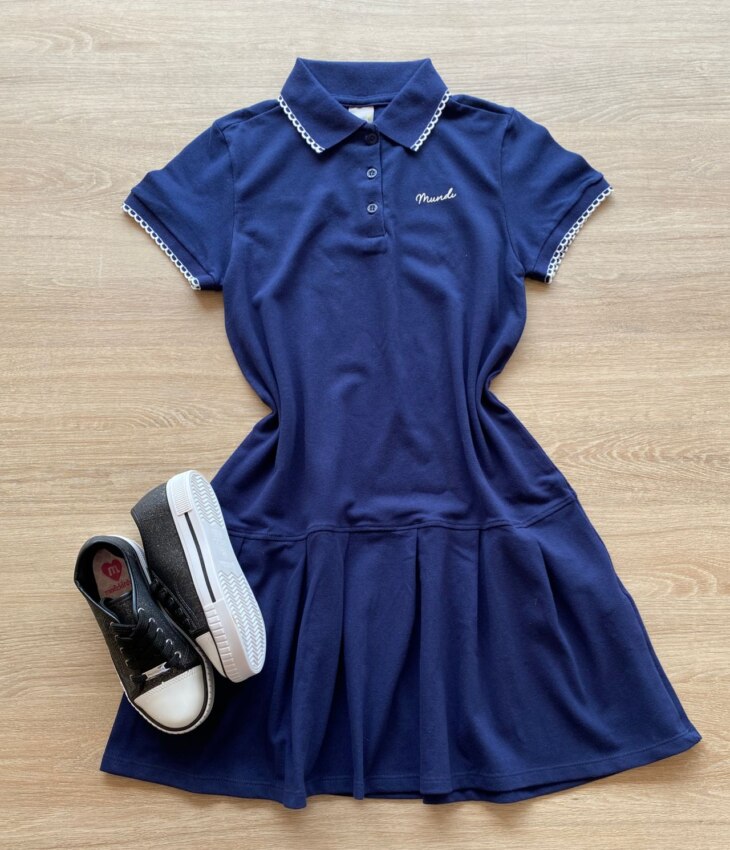 Vestido Infantil Feminino Azul Marinho Malha Piquet com Gola Polo Fernanda Ramos Kids