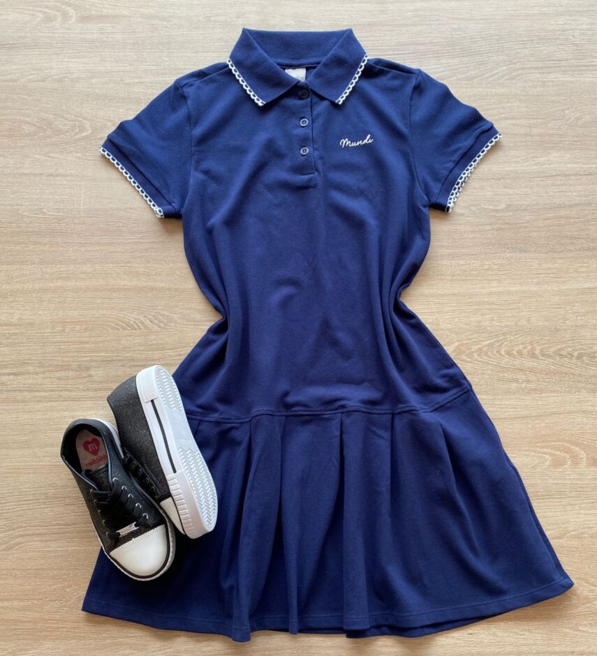 Vestido Infantil Feminino Azul Marinho Malha Piquet com Gola Polo Fernanda Ramos Kids