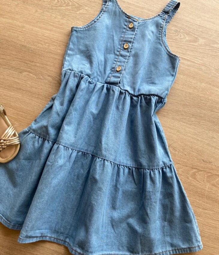 fernandaramoskids com br Vestido Infantil Feminino Curto Jeans Claro com Botões1