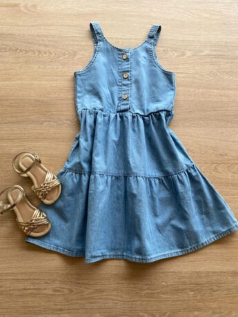 Vestido Infantil Feminino Curto Jeans Claro com Botões Fernanda Ramos KIds