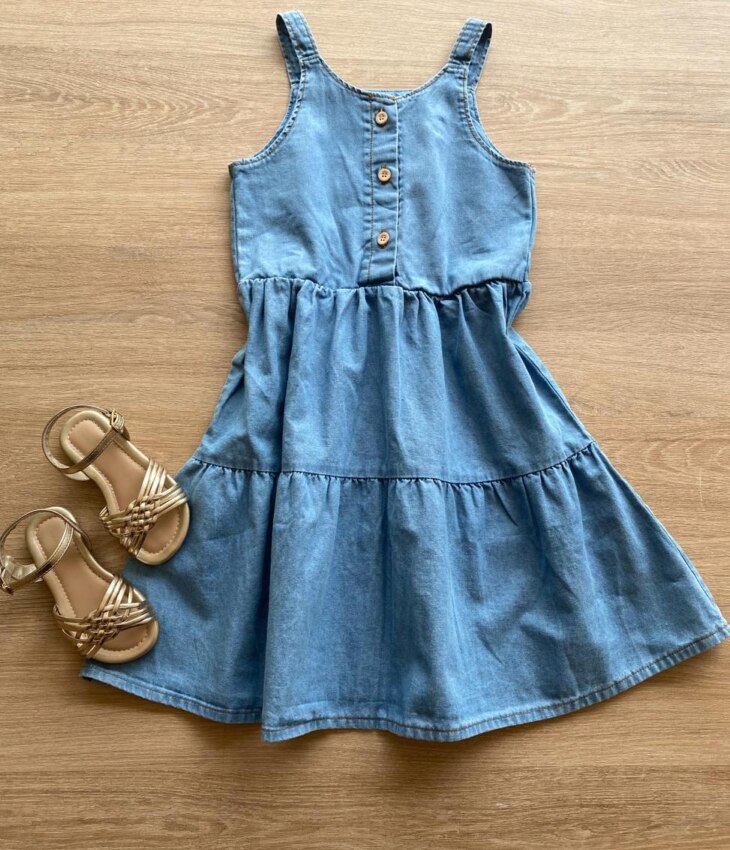 Vestido Infantil Feminino Curto Jeans Claro com Botões Fernanda Ramos KIds
