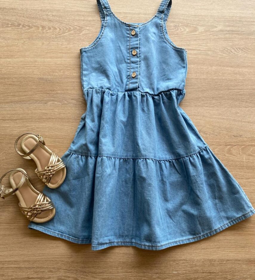 Vestido Infantil Feminino Curto Jeans Claro com Botões Fernanda Ramos KIds