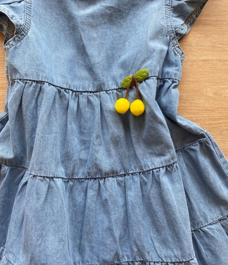 fernandaramoskids com br Vestido Infantil Feminino Curto Jeans Manga com Babado1
