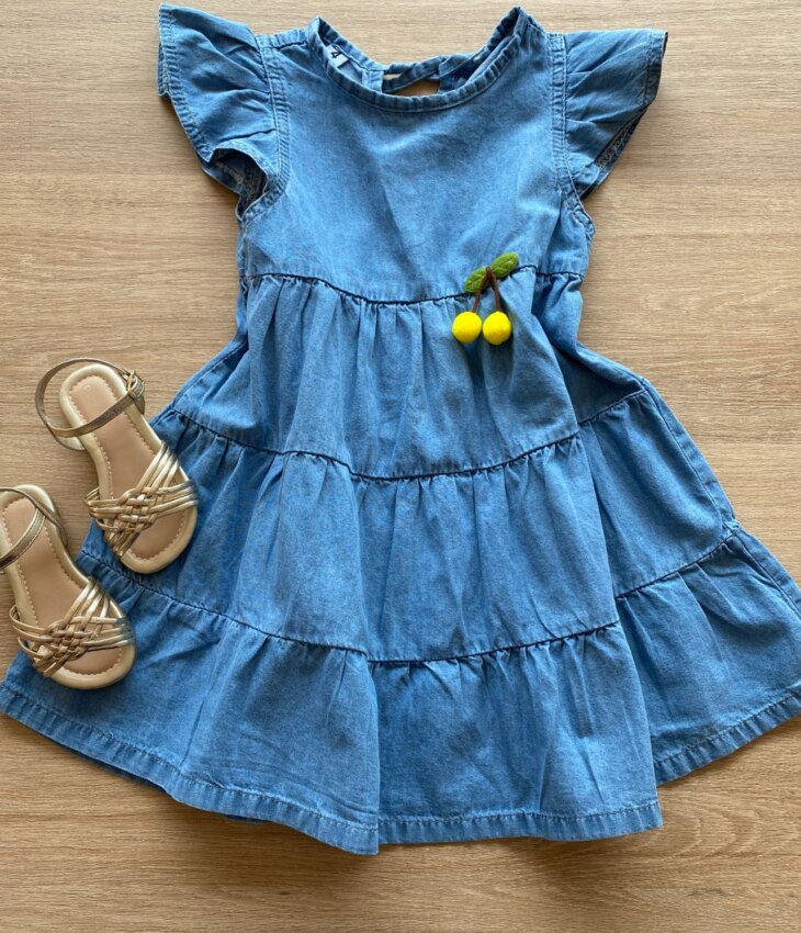 Vestido Infantil Feminino Curto Jeans Manga com Babado Fernanda Ramos Kids
