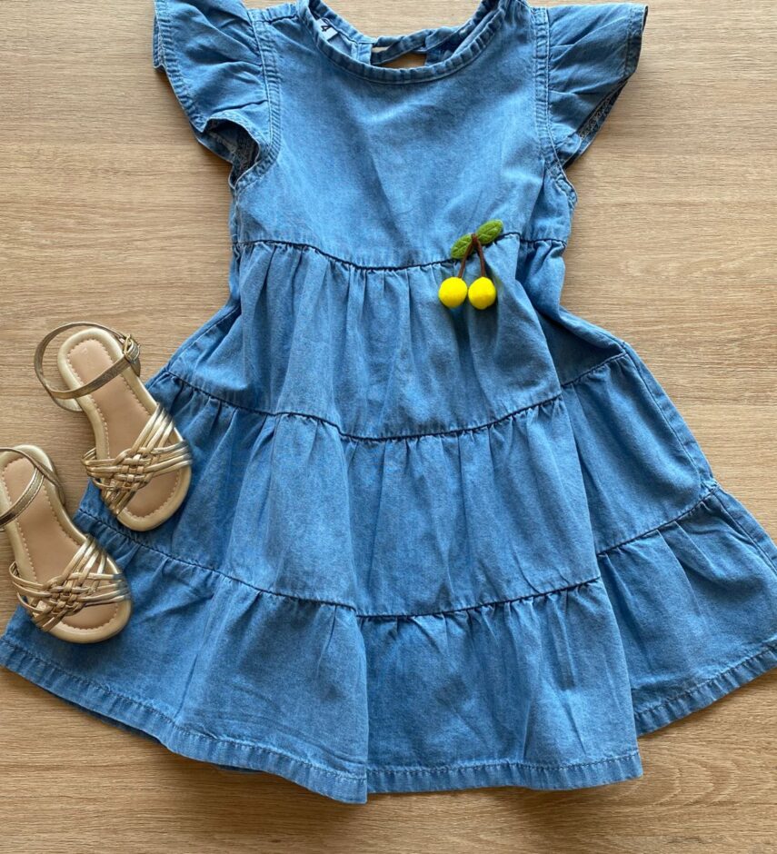 Vestido Infantil Feminino Curto Jeans Manga com Babado Fernanda Ramos Kids