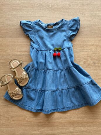 Vestido Infantil Feminino Curto Manga com Babado Jeans Fernanda Ramos Kids