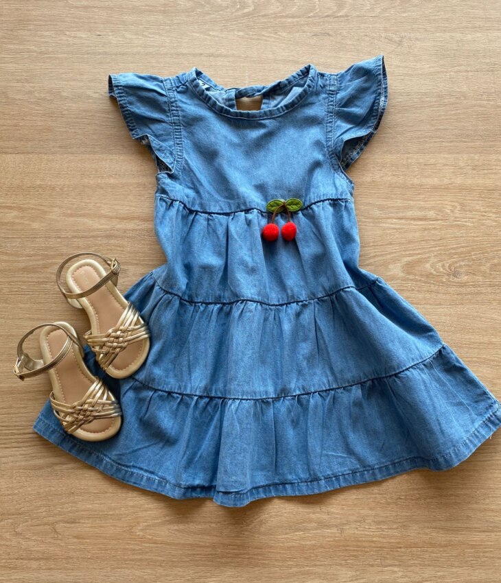 Vestido Infantil Feminino Curto Manga com Babado Jeans Fernanda Ramos Kids