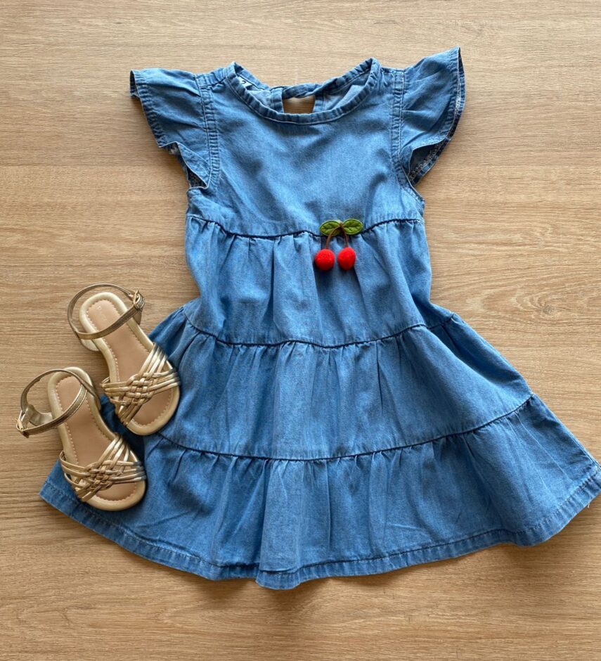 Vestido Infantil Feminino Curto Manga com Babado Jeans Fernanda Ramos Kids