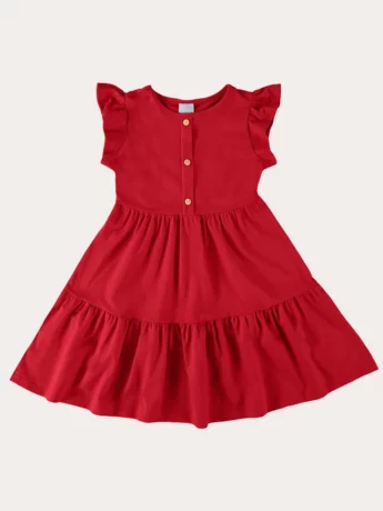 Vestido Infantil Feminino Curto Manga com Babado Vermelho Fernanda Ramos Kids