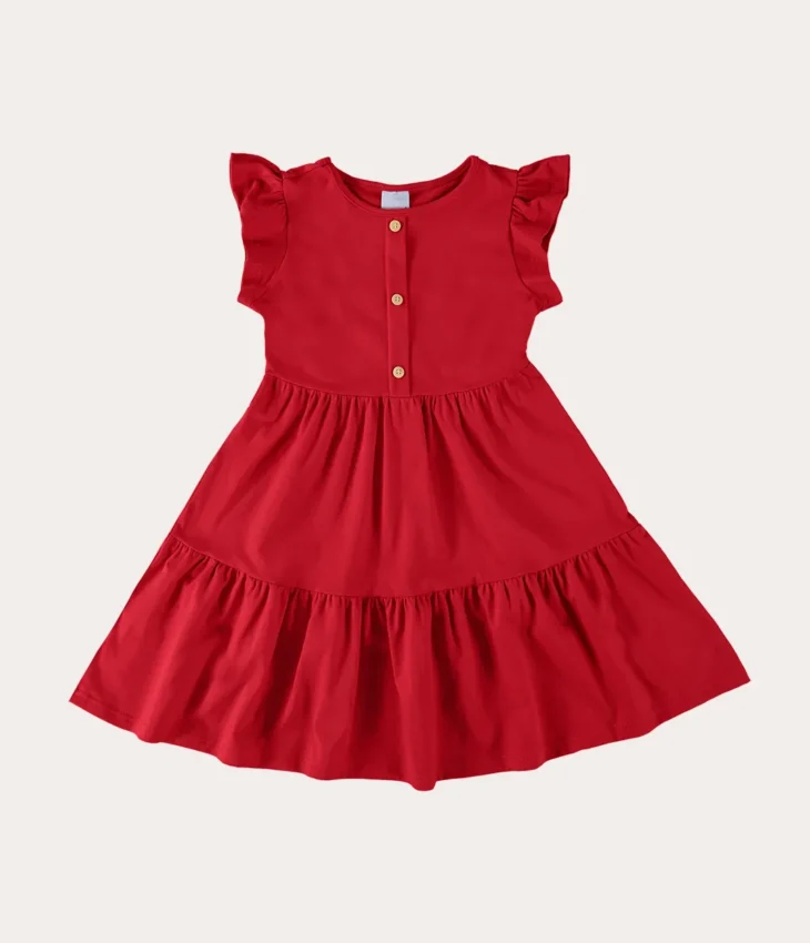 Vestido Infantil Feminino Curto Manga com Babado Vermelho Fernanda Ramos Kids