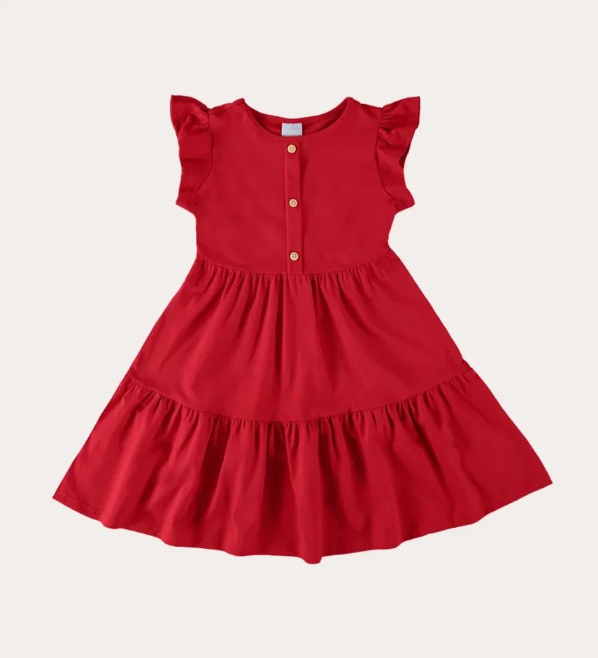 Vestido Infantil Feminino Curto Manga com Babado Vermelho Fernanda Ramos Kids