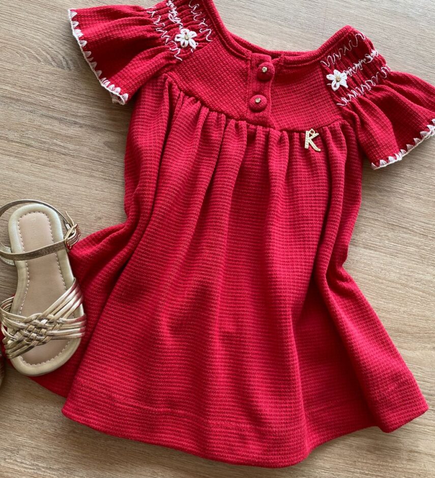 fernandaramoskids com br Vestido Infantil Feminino Curto Vermelho com Detalhe Bordado1