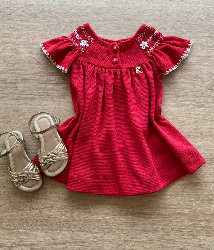 Vestido Infantil Feminino Curto Vermelho com Detalhe Bordado Fernanda Ramos kids