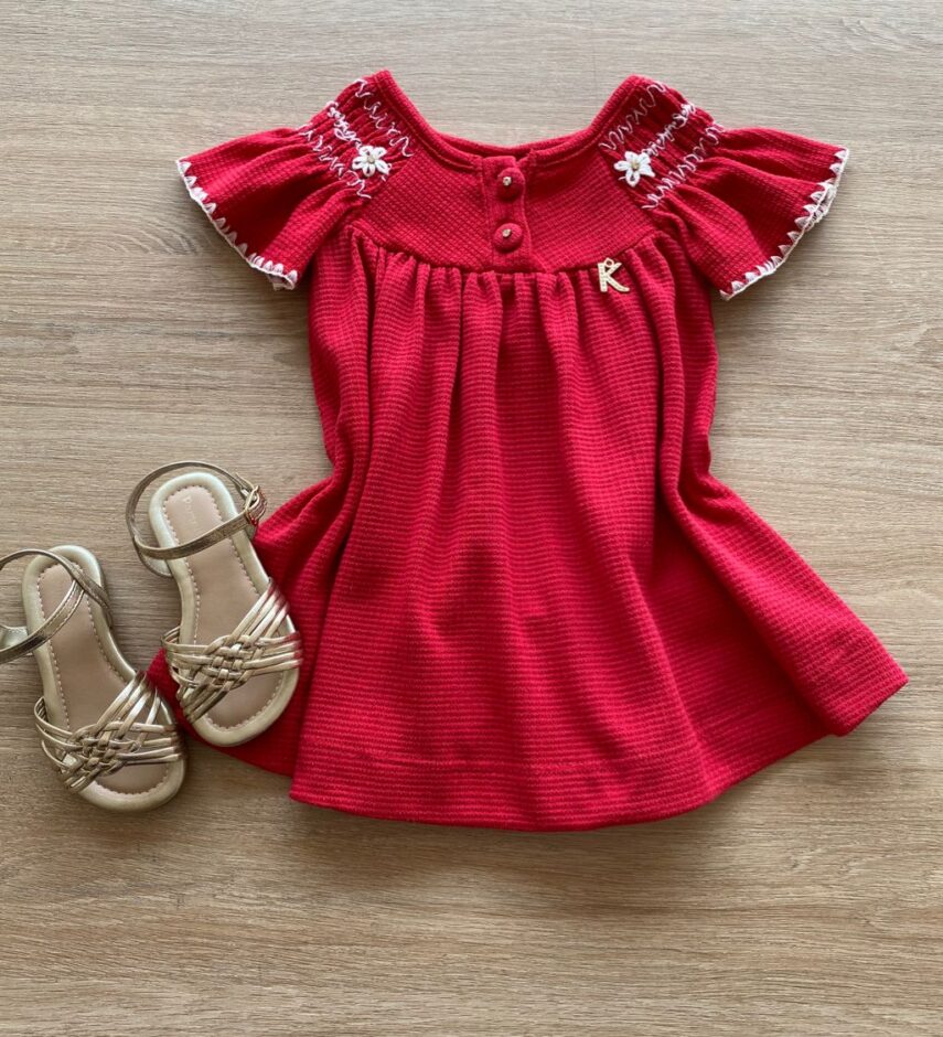 Vestido Infantil Feminino Curto Vermelho com Detalhe Bordado Fernanda Ramos kids